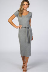 Grey Ribbed Fitted Side Slit Dress