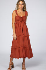 Rust Ruffle Tiered Midi Dress