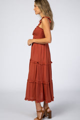 Rust Ruffle Tiered Midi Dress