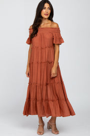 Rust Off Shoulder Tiered Maxi Dress