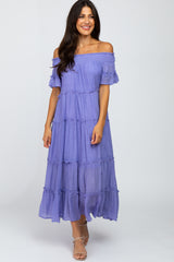 Lavender Off Shoulder Tiered Maternity Maxi Dress