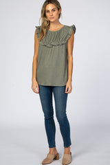 Olive Sleeveless Ruffle Trim Top