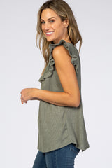 Olive Sleeveless Ruffle Trim Top