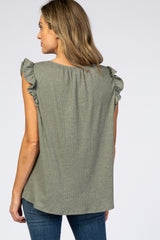 Olive Sleeveless Ruffle Trim Top