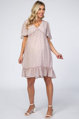 Light Pink Floral Chiffon Ruffle Maternity Dress