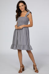 Grey Smocked Ruffle Sleeve Dress