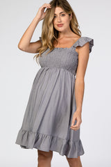 Grey Smocked Ruffle Sleeve Maternity Dress