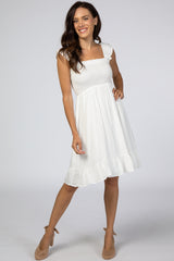 White Smocked Ruffle Sleeve Dress