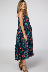 Navy Blue Tropical Floral Square Neck Maternity Midi Dress