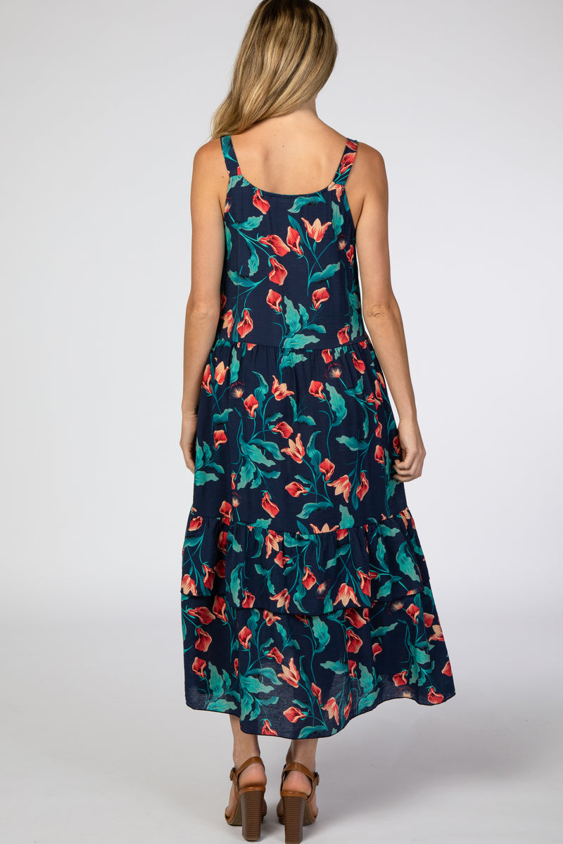 Navy Blue Tropical Floral Square Neck Maternity Midi Dress– PinkBlush