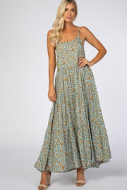 Mint Green Floral Ruffle Hem Back Tie Maxi Dress