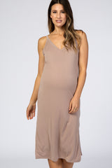 Taupe V-Neck Double Slit Maternity Midi Dress