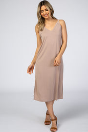 Taupe V-Neck Double Slit Midi Dress