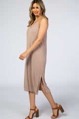 Taupe V-Neck Double Slit Midi Dress