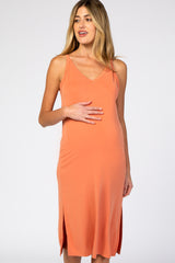 Orange V-Neck Double Slit Maternity Midi Dress