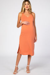 Orange V-Neck Double Slit Maternity Midi Dress