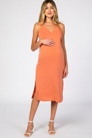 Orange V-Neck Double Slit Maternity Midi Dress