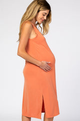 Orange V-Neck Double Slit Maternity Midi Dress