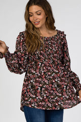 Black Floral Off Shoulder Long Sleeve Maternity Top