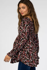 Black Floral Off Shoulder Long Sleeve Maternity Top