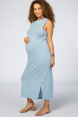 Light Blue Sleeveless Side Slit Maternity Maxi Dress