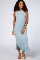 Light Blue Sleeveless Side Slit Maternity Maxi Dress