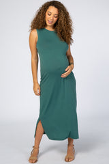 Teal Sleeveless Side Slit Maternity Maxi Dress