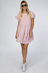 Light Pink Tiered Ruffle Sleeve Dress