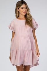 Light Pink Tiered Ruffle Sleeve Maternity Dress