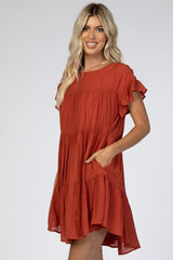 Rust Tiered Ruffle Sleeve Dress