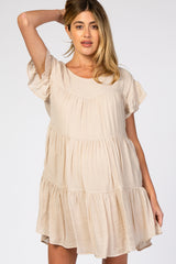 Beige Tiered Ruffle Sleeve Maternity Dress