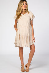 Beige Tiered Ruffle Sleeve Maternity Dress