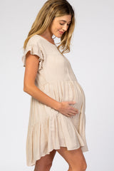 Beige Tiered Ruffle Sleeve Maternity Dress