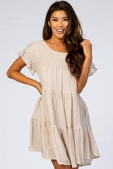 Beige Tiered Ruffle Sleeve Dress