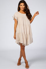 Beige Tiered Ruffle Sleeve Dress