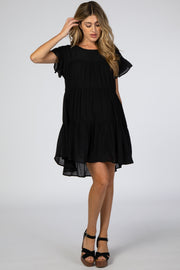 Black Tiered Ruffle Sleeve Maternity Dress