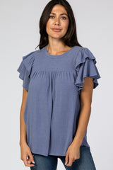 Blue Tiered Ruffle Sleeve Top