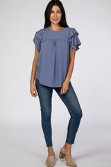 Blue Tiered Ruffle Sleeve Top