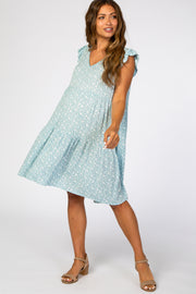 Light Blue Floral Ruffle Sleeve Maternity Mini Dress