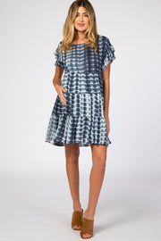 Navy Blue Tie Die Pleated Ruffle Tier Maternity Dress