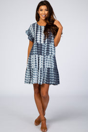 Navy Blue Tie Die Pleated Ruffle Tier Dress