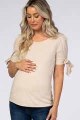 Taupe Short Tie Sleeve Maternity Top