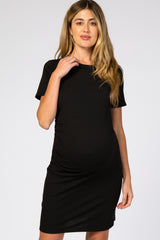 Black Ribbed Ruched Side Fitted Short Sleeve Maternity Dress