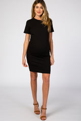 Black Ribbed Ruched Side Fitted Short Sleeve Maternity Dress