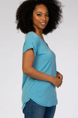 Blue V-Neck Raw Hem Short Sleeve Top