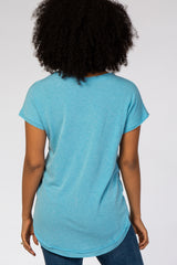 Blue V-Neck Raw Hem Short Sleeve Top