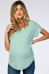 Mint Green V-Neck Raw Hem Maternity Short Sleeve Top