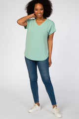 Mint Green V-Neck Raw Hem Short Sleeve Top