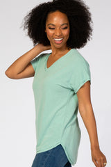 Mint Green V-Neck Raw Hem Short Sleeve Top