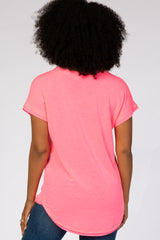 Neon Pink V-Neck Raw Hem Short Sleeve Top